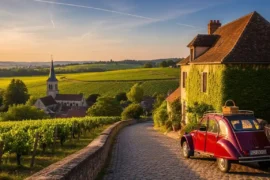 法國深度遊：黃昏下的勃根地葡萄園景觀，一輛經典紅色雪鐵龍 2CV 古董車停在石板路上，背景是古老的小鎮教堂。
