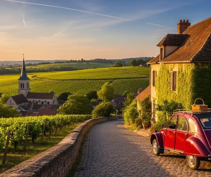 法國深度遊：黃昏下的勃根地葡萄園景觀，一輛經典紅色雪鐵龍 2CV 古董車停在石板路上，背景是古老的小鎮教堂。