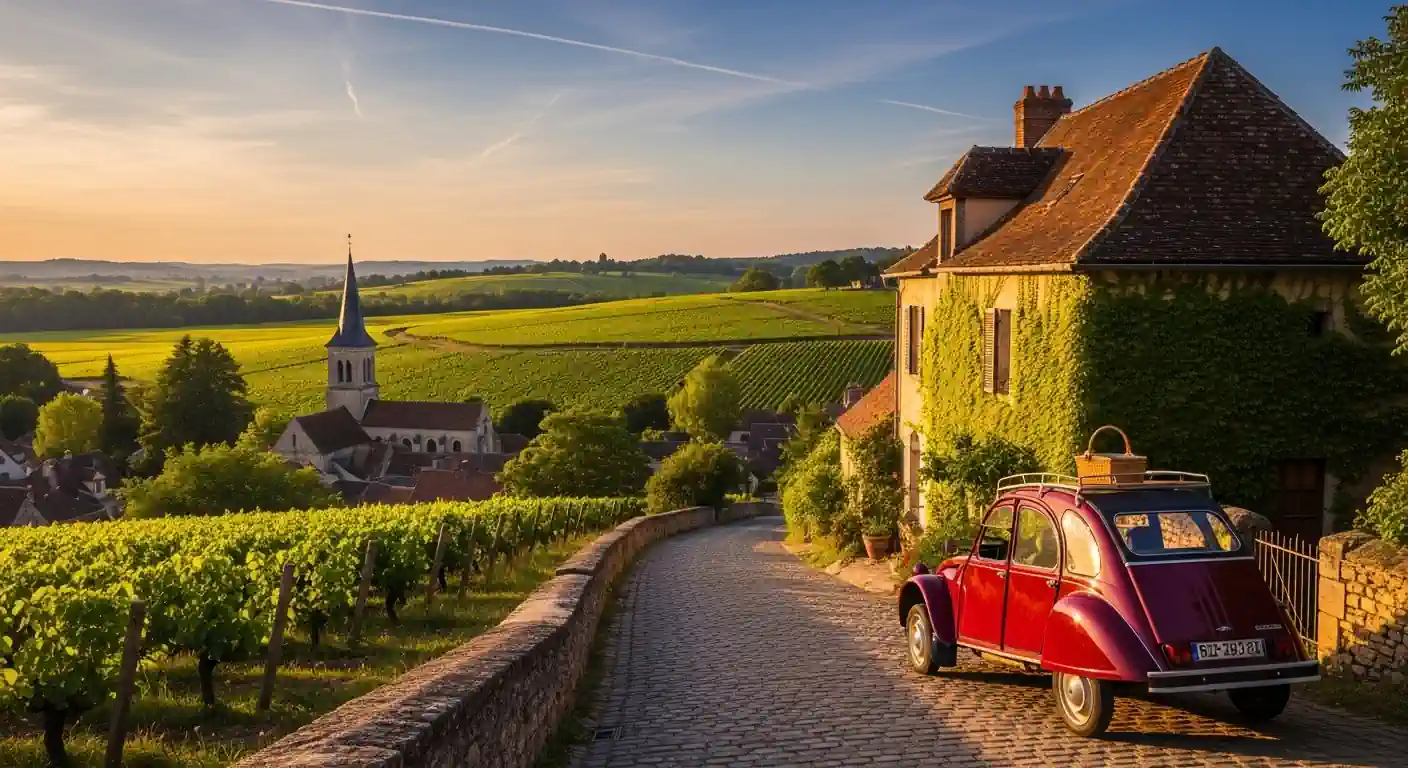 法國深度遊:黃昏下的勃根地葡萄園景觀,一輛經典紅色雪鐵龍 2CV 古董車停在石板路上,背景是古老的小鎮教堂。