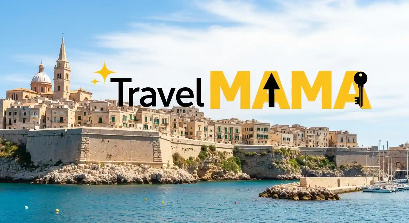 Travel MAMA 旅行社標誌疊加於馬爾他首都瓦萊塔的海濱景觀之上，展示了其歷史悠久的石灰岩堡壘和聖保羅座堂的尖塔