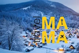 Travel Mama 名古屋白川鄉高山五天小包團宣傳圖，背景是冬季白雪覆蓋的白川鄉合掌村點燈夜景。