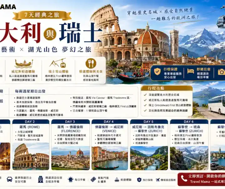 穿越歷史名城與湖光山色！Travel Mama 帶你 7 天遊歷意瑞經典，從羅馬藝術殿堂到瑞士雪山巔峰，一次體驗歐洲最美的風景。