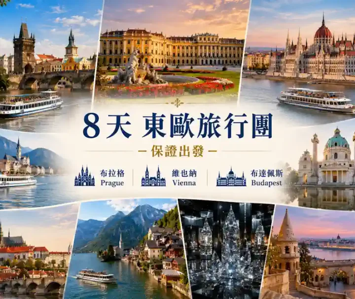 Travel Mama 8 天東歐旅行團海報，包含布拉格查理大橋、維也納美泉宮、布達佩斯國會大廈與哈修塔特湖光山色。