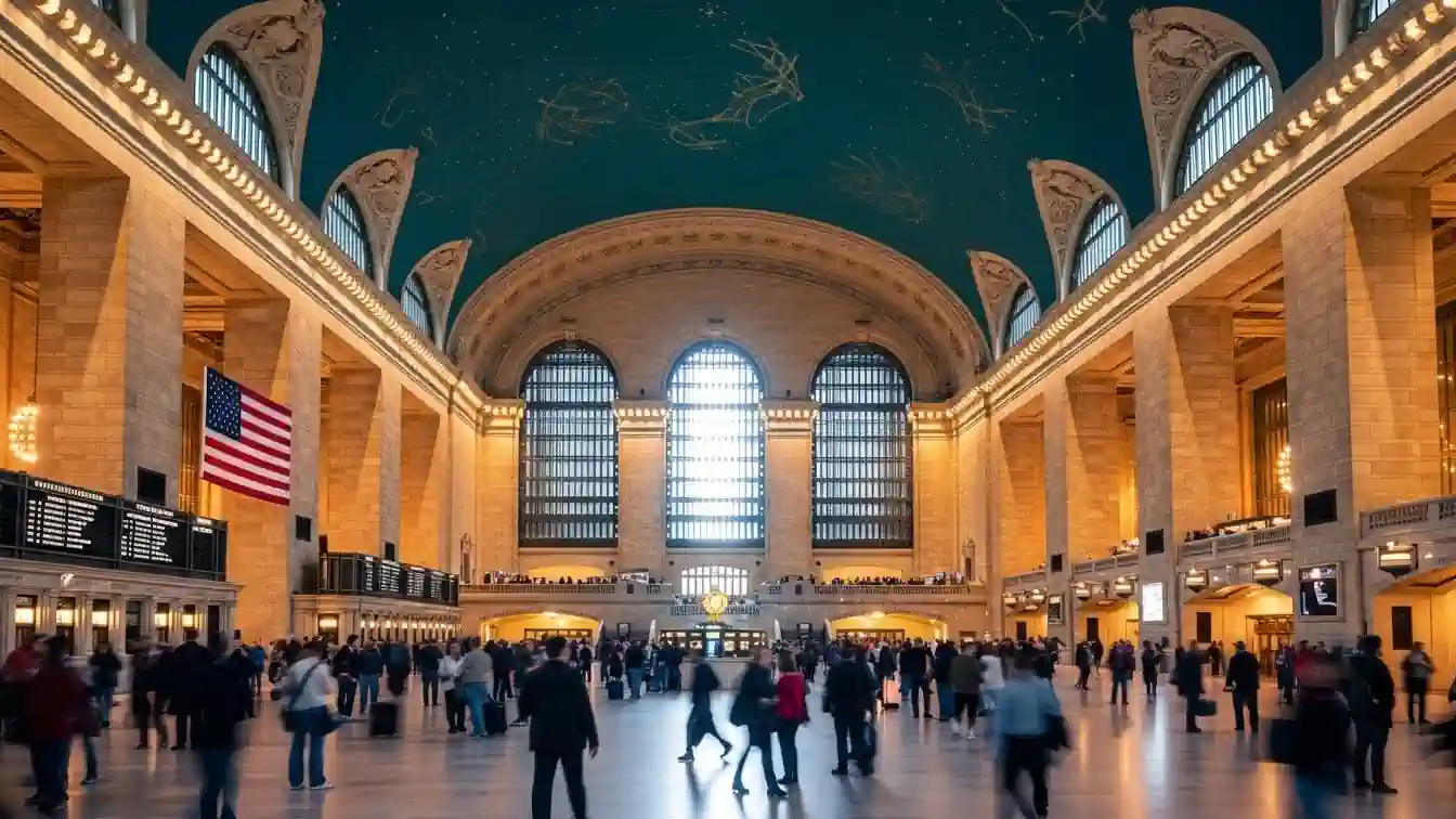 美國東岸深度遊必去景點，紐約大中央總站宏偉的主大廳，天花板上繪有著名的星座圖。