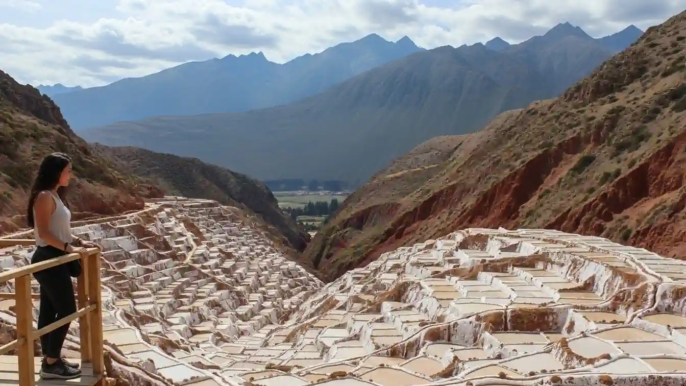 秘魯聖谷馬拉斯鹽田全景，一名遊客在觀景台遠眺成千上萬個古老印加梯田鹽池。