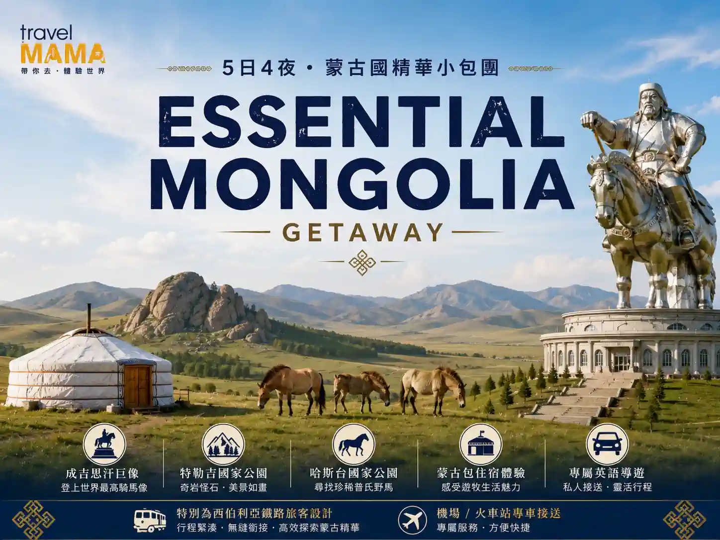 Travel Mama 蒙古國 5 日 4 夜精華小包團海報,展示成吉思汗騎馬巨像、特勒吉國家公園奇岩、普氏野馬與草原蒙古包。