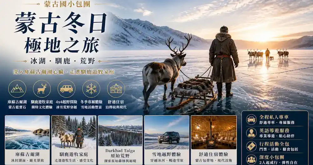 蒙古冬天嘅庫蘇古爾湖上,當地遊牧民族穿著傳統毛皮大衣,同馬匹及雪橇企喺廣闊嘅藍色冰面上