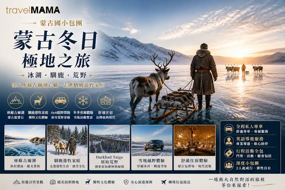 蒙古冬天嘅庫蘇古爾湖上，當地遊牧民族穿著傳統毛皮大衣，同馬匹及雪橇企喺廣闊嘅藍色冰面上