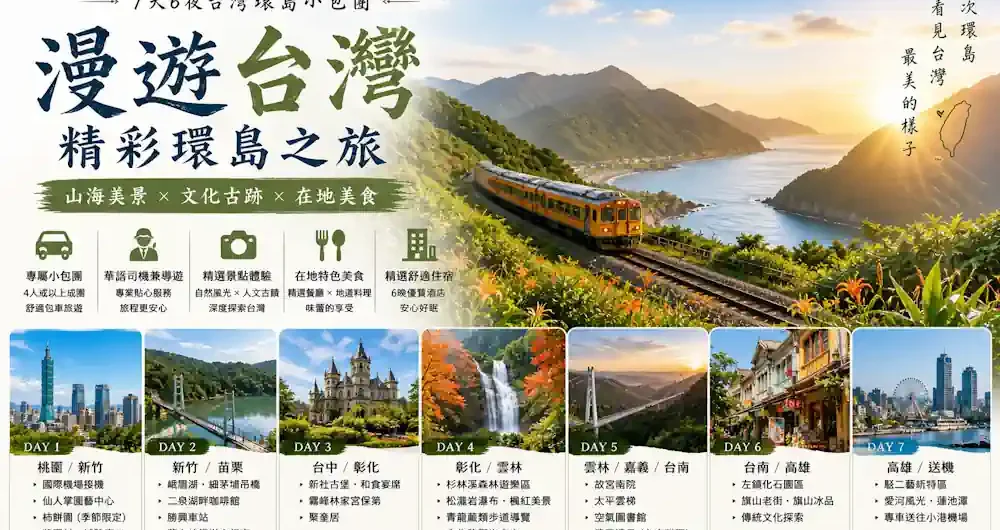 Travel Mama 台灣 7 天 6 夜環島小包團宣傳海報，行程涵蓋山海美景、文化古蹟與在地美食，從桃園出發環島至高雄。