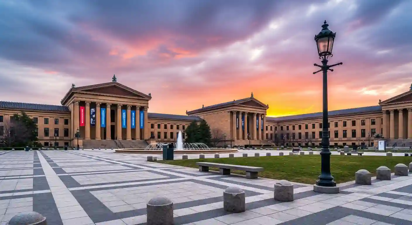黃昏下的費城藝術博物館,宏偉的新古典主義建築與廣場噴泉