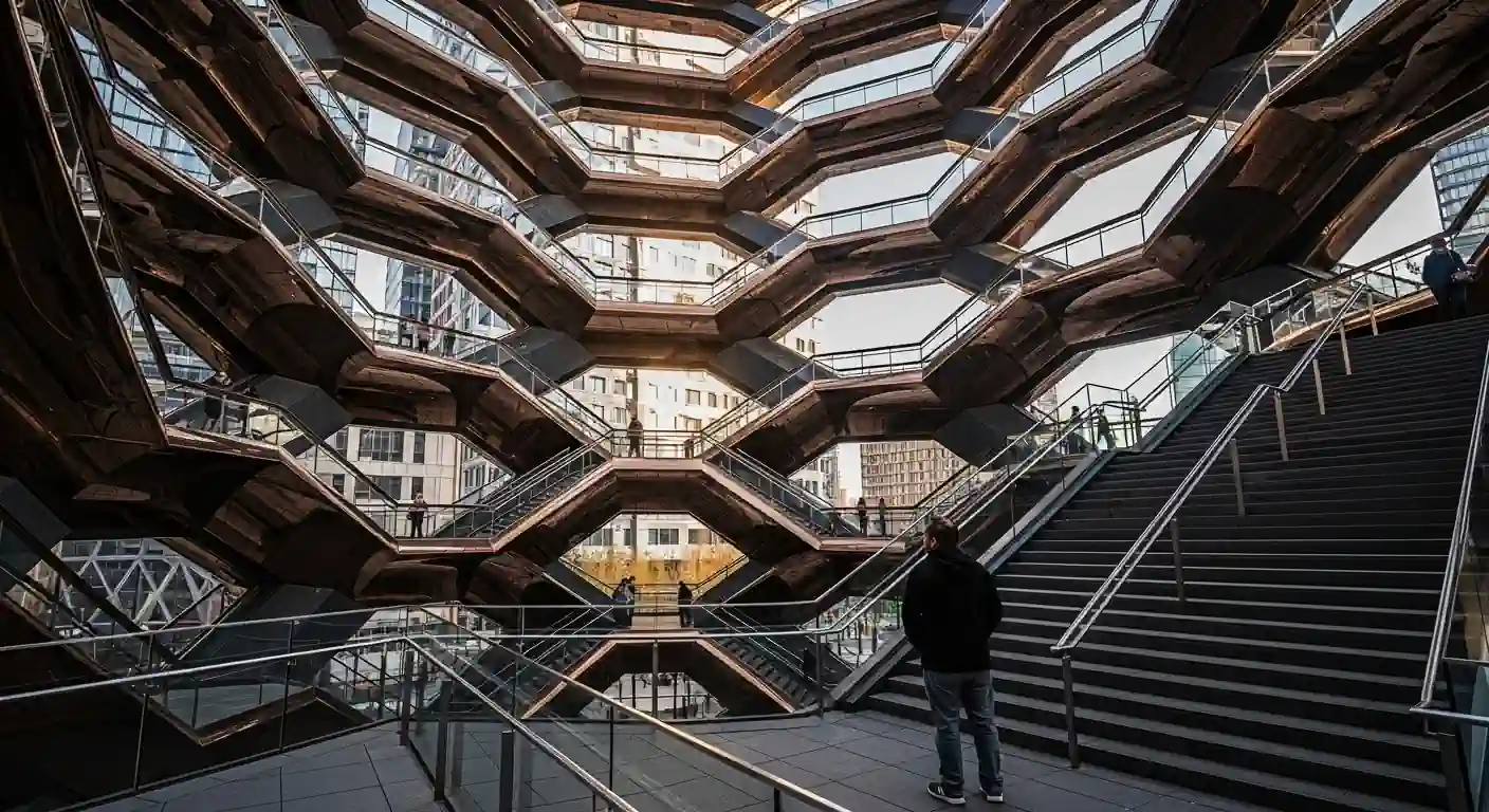 紐約哈德遜廣場 The Vessel 建築內部,展現錯綜複雜的螺旋樓梯與蜂巢狀結構