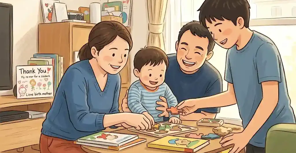 Travel Mama 一家與寄養小朋友玩拼圖,營造溫馨家庭氛圍與真摯連結。