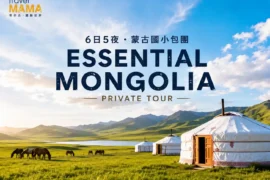 Travel Mama 蒙古國 6 日 5 夜小包團宣傳海報，陽光下的翠綠蒙古大草原、傳統蒙古包與悠閒吃草的馬群。