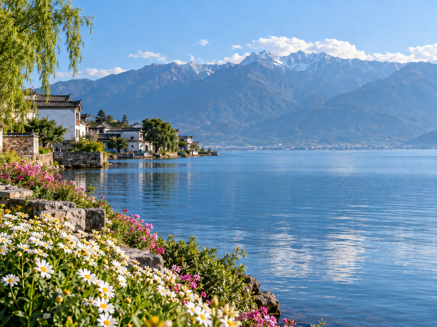雲南大理洱海湖面與蒼山景觀