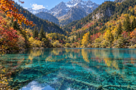 九寨溝秋季彩林與碧藍湖水景觀示意圖