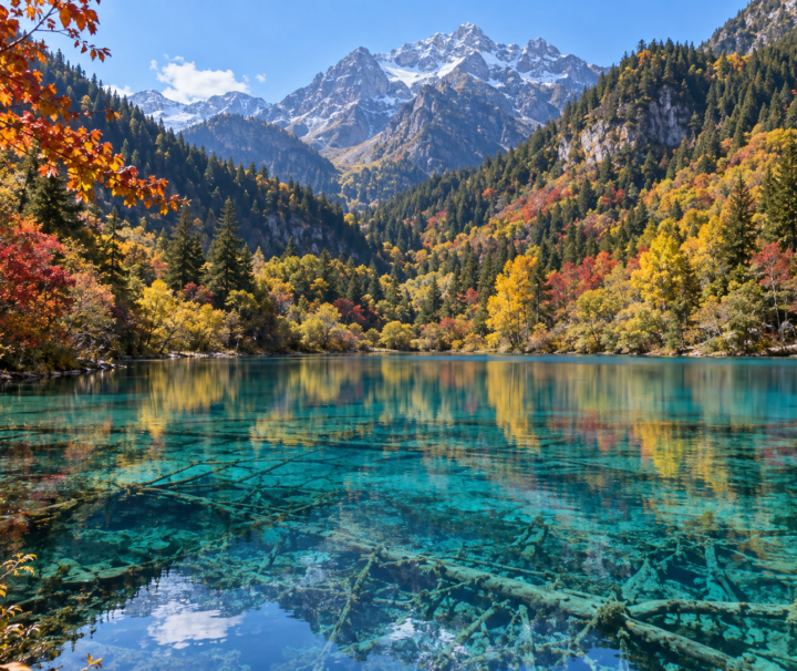 九寨溝秋季彩林與碧藍湖水景觀示意圖