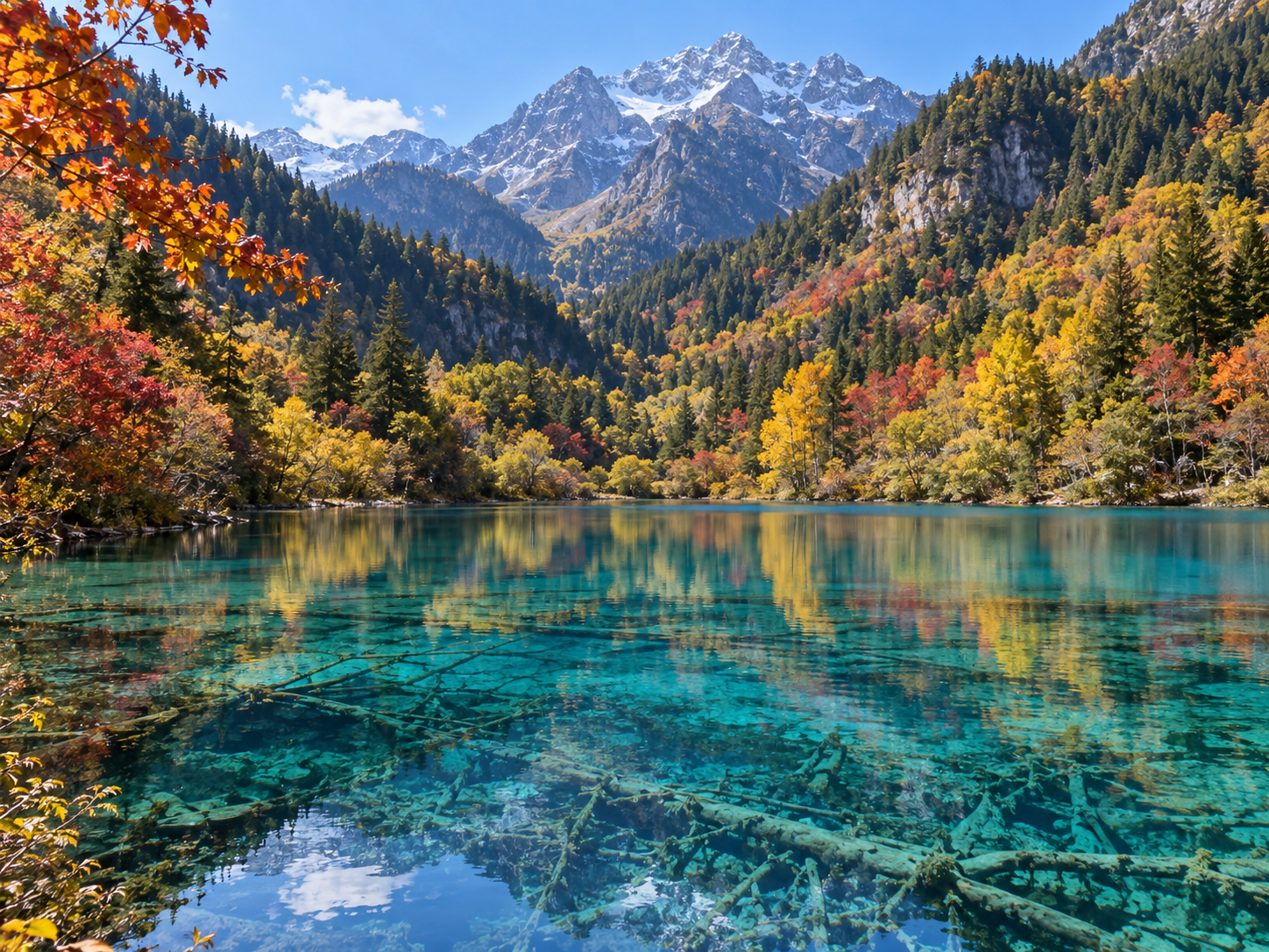 九寨溝秋季彩林與碧藍湖水景觀示意圖