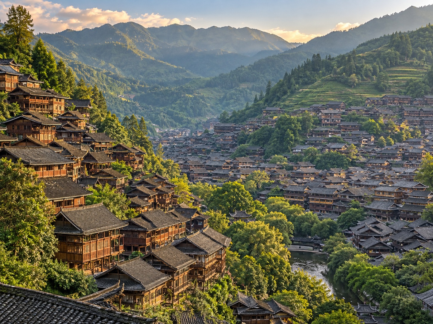 貴州西江千戶苗寨木樓與山谷景觀