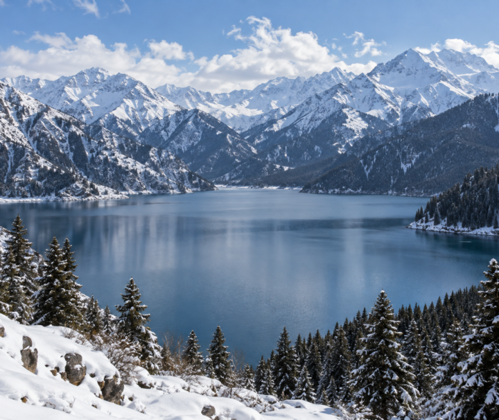 天山天池冬季雪山、湖面與雲杉景觀示意圖